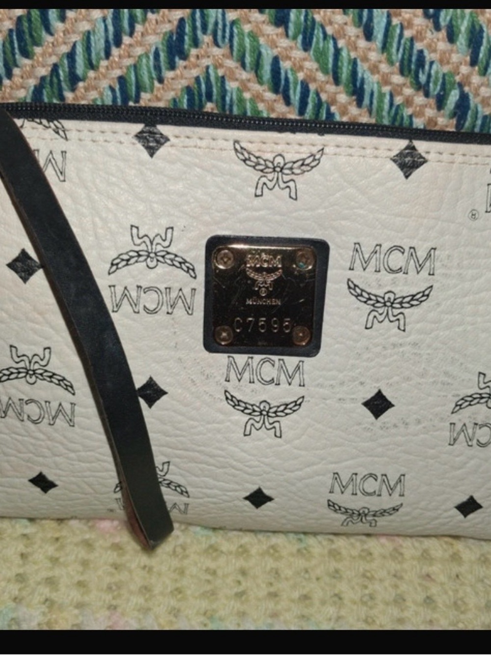 MCM White Monogram wristlet Bag with Black Accents